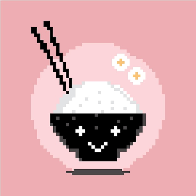 Pixel art Asian rice bowl with a cute face