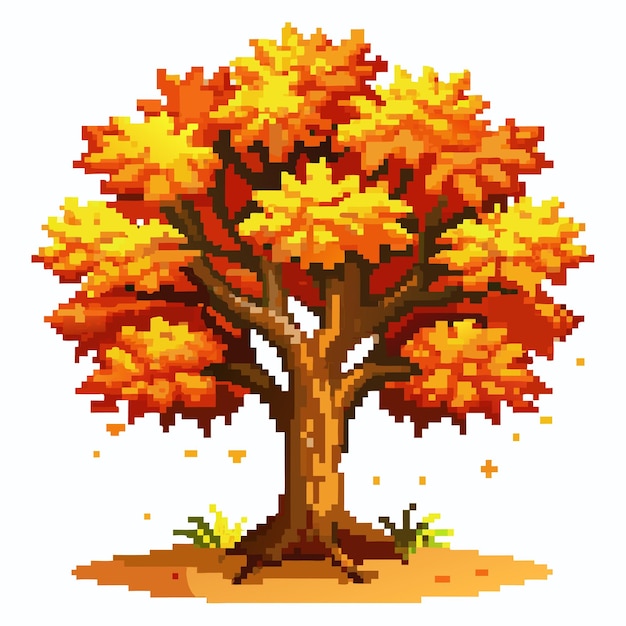 Pixel Art Autumn Tree with Vibrant Orange Foliage in Retro Video Game Style