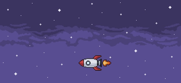 Pixel art background of rocket flying in the night sky background vector for 8 bit game