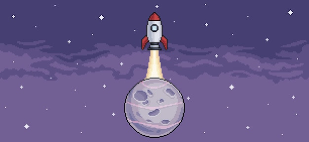 Pixel art background with rocket taking off from planet in space. Vector scene for 8bit game