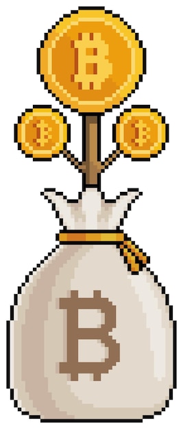 Pixel art bag with bitcoin plant investment growth vector icon for 8bit game on white background