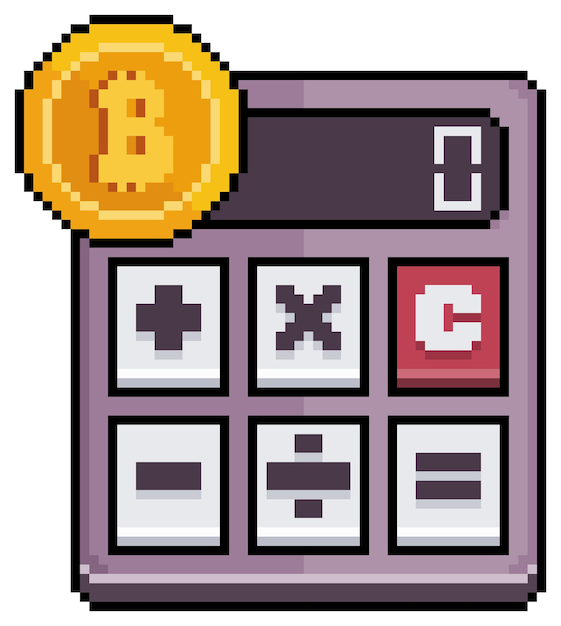 Pixel art bitcoin calculator Cryptocurrency calculation vector icon for 8bit game