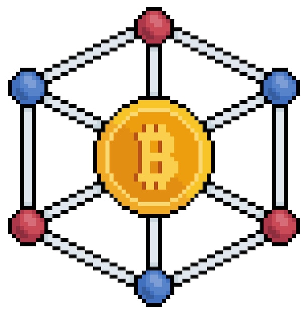 Pixel art bitcoin network, cryptocurrency network vector icon for 8bit game on white background