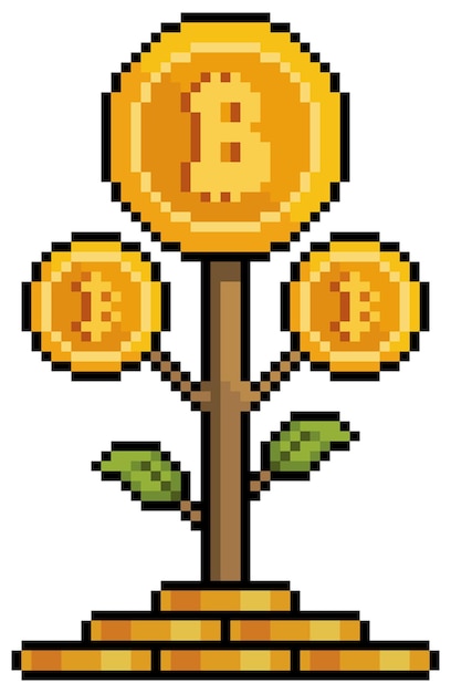 Pixel art bitcoin plant investment in cryptocurrencies vector icon for 8bit game on white background