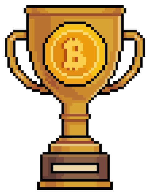 Pixel art bitcoin trophy Cryptocurrency Prize vector icon for 8bit game on white background