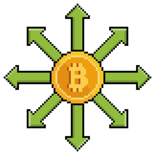 Pixel art bitcoin with direction arrows, bitcoin expansion vector icon for 8bit game