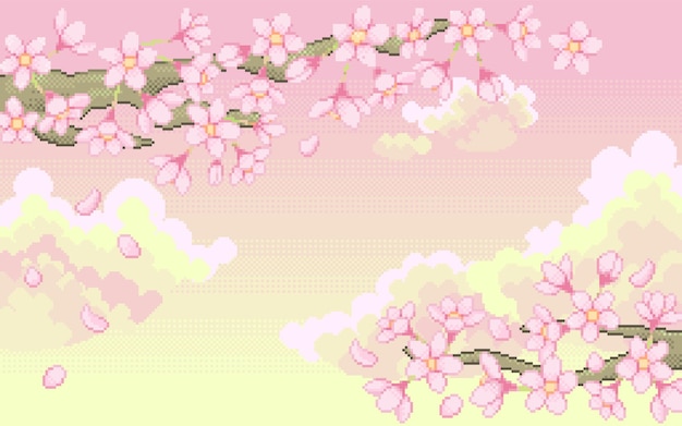 Pixel art of blooming sakura tree and dreamy