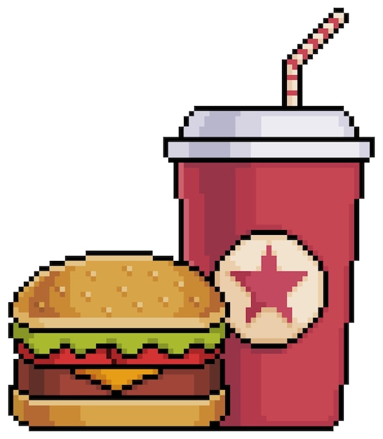 Pixel art burger and soda fast food vector icon for 8bit game on white background