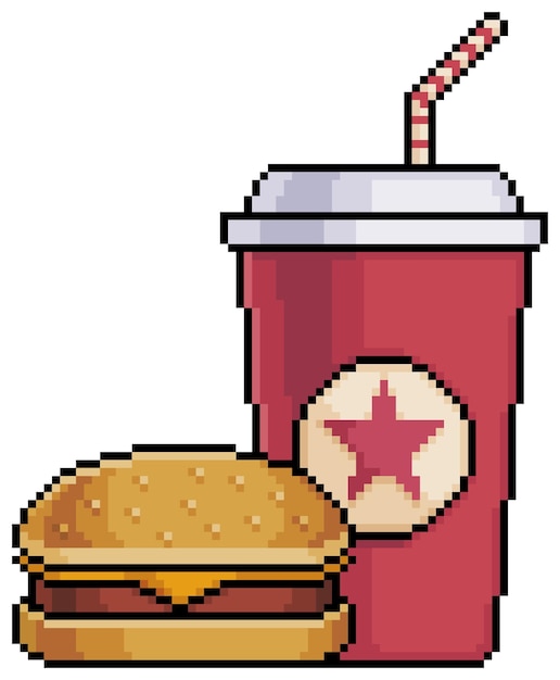 Pixel art burger and soda xburger fast food vector icon for 8bit game on white background