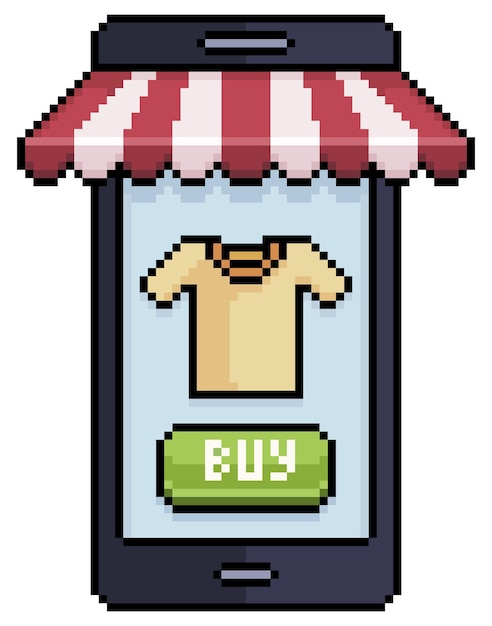 Pixel art buy clothes on mobile. Cell phone with shop awning vector icon for 8bit game