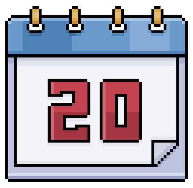 Pixel art calendar with date 20 Day 20 Holiday day 20 vector icon for 8bit game white background