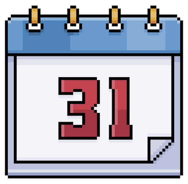 Pixel art calendar with date 31 Day 31 Holiday day 31 vector icon for 8bit game white background