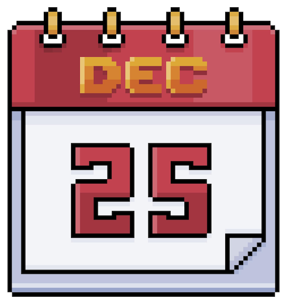 Pixel art calendar with December 25 date Christmas day vector icon for 8bit game on white background