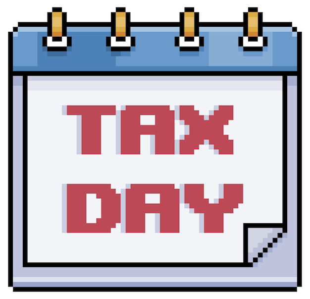 Pixel art calendar with tax payment date vector icon for 8bit game on white background