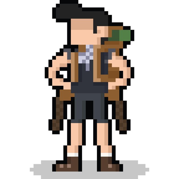 Pixel art cartoon backpacker man character