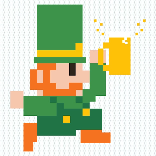 Pixel Art a cartoon illustration of a leprechaun with a yellow beer in his hand