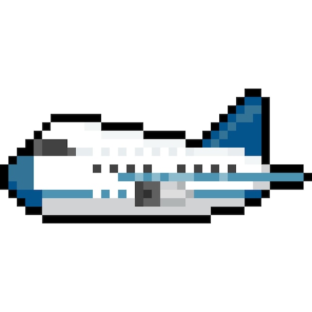 Pixel art cartoon white blue airplane icon