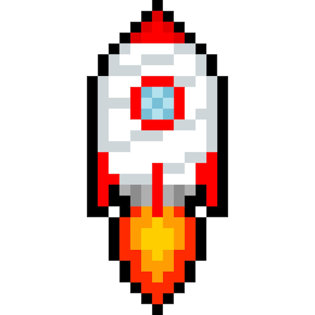 Pixel art cartoon white red launching rocket icon 2