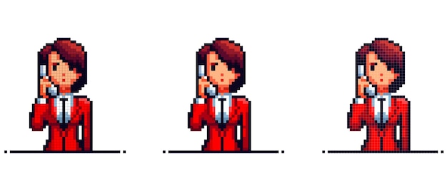 Vector pixel art character holding phone wearing red suit with tie office worker