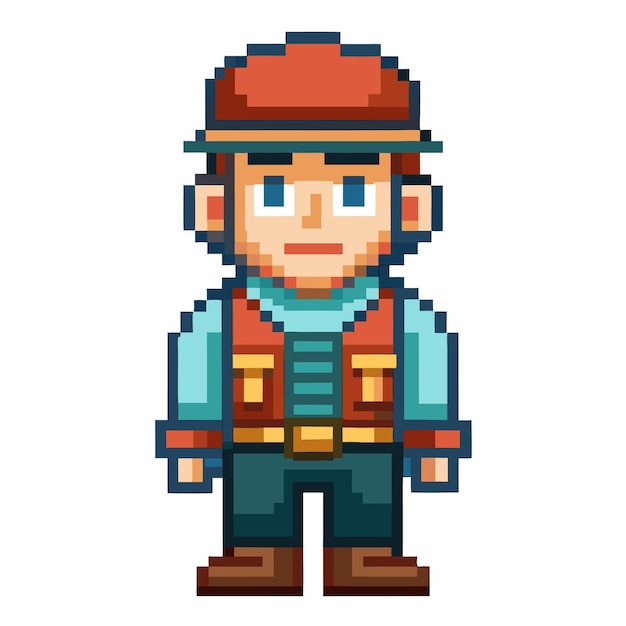 Vector pixel art character in red hat and vest retro video game style