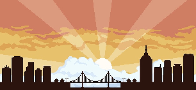 Pixel art city background at sunset with buildings constructions bridge and cloudy sky for 8bit