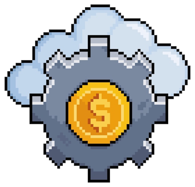 Pixel art cloud with money gear investment machine vector icon for 8bit game on white background