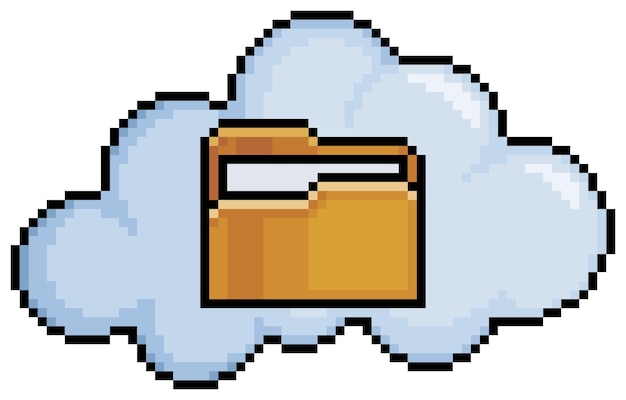 Pixel art clouds with document folder Cloud data vector icon for 8bit game on white background