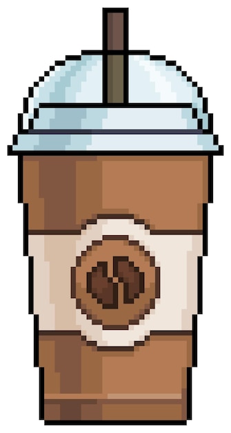 Pixel art coffee cup and cappuccino with straw vector icon for 8bit game on white background