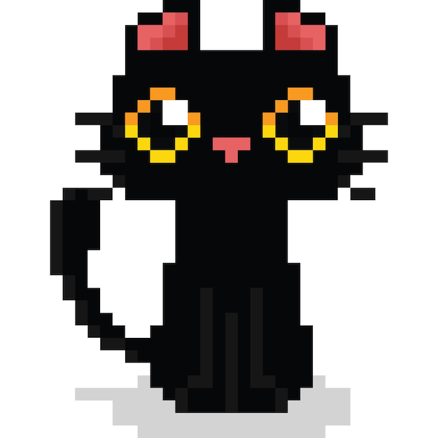 Pixel art cute black cat character sitting compose