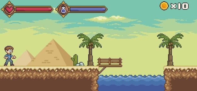 Pixel art desert game scene with character life bar and mana vector background for 8bit game