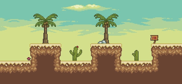 Pixel art desert game scene with palm tree, cactuses 8bit landscape background