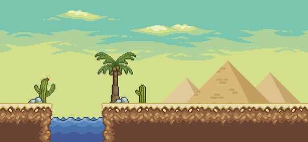 Pixel art desert game scene with pyramid, palm tree, oasis, cactuses 8bit landscape background