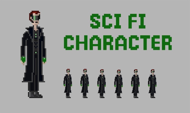 Vector pixel art design character sci-fi illustration game sprite sheet animation frame by frame