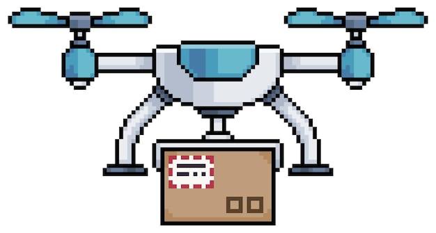 Pixel art drone with order in a cardboard box drone with package vector icon for 8bit game