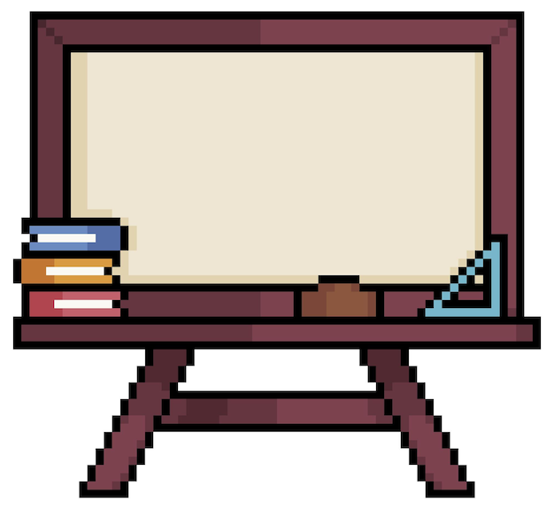 Pixel art empty school blackboard, blackboard with books, eraser and ruler vector icon for 8bit game