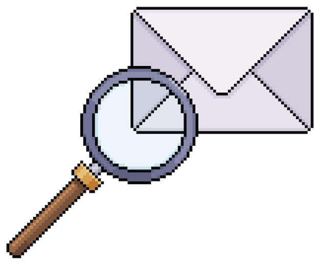 Pixel art envelope and magnifying glass, email analytics vector icon for 8bit game