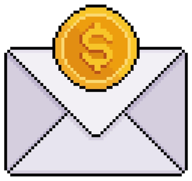 Pixel art envelope with coin, save money vector icon for 8bit game on white background