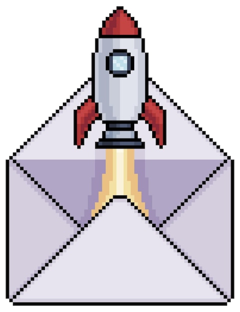 Pixel art envelope with rocket flying vector icon for 8bit game on white background