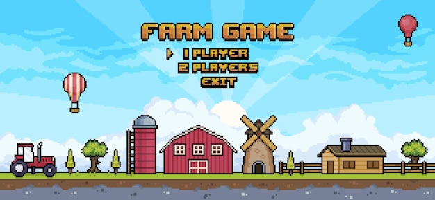 Pixel art Farm game menu 8bit game home screen landscape with tractor, house, barn, mill, silo, tree