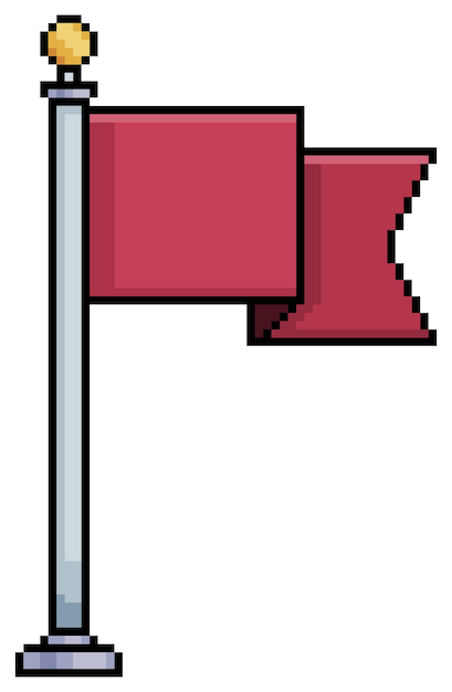 Pixel art flagpole with red flag vector icon for 8bit game on white background