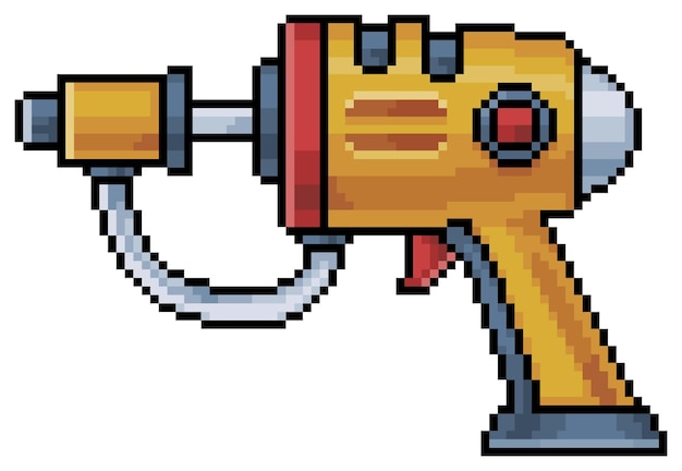 Pixel art futuristic pistol vector icon for 8bit game on white background