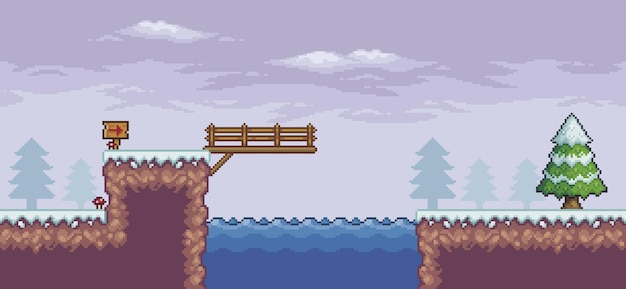 Pixel art game scene in snow with pine trees, bridge, lake and clouds 8 bit vector background