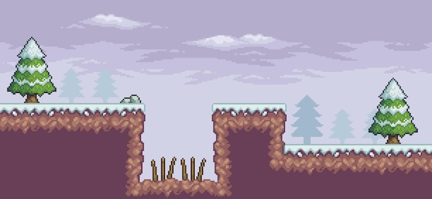 Pixel art game scene in snow with pine trees trap and clouds vector 8bit background