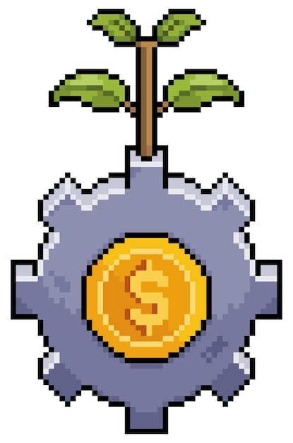 Pixel art gear with coin and plant vector icon for 8bit game on white background