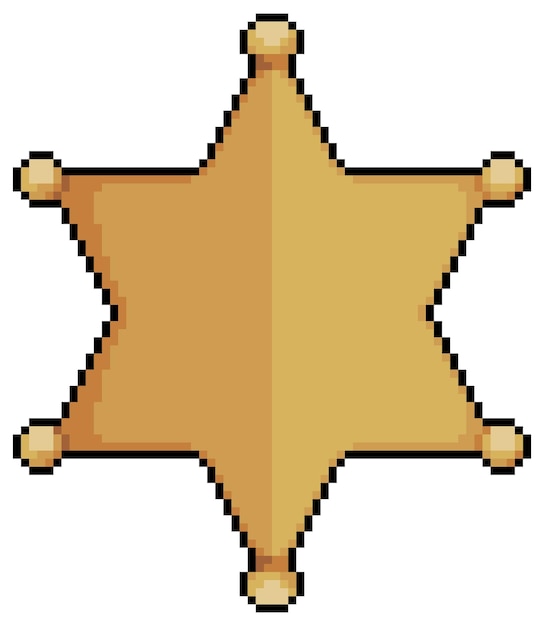 Pixel art golden star, six pointed star, badge vector icon for 8bit game on white background