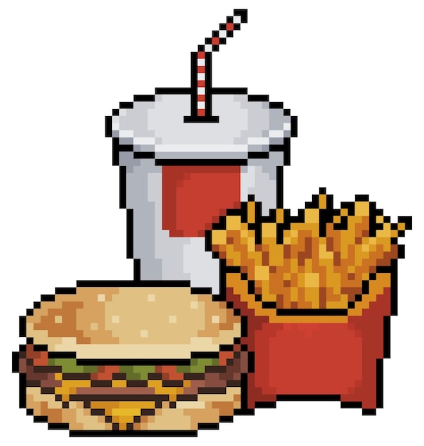 Pixel art hamburger, soda and french fries bit game items on white background