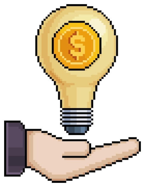 Pixel art hand holding coin and money lamp, investment idea vector icon for 8bit game