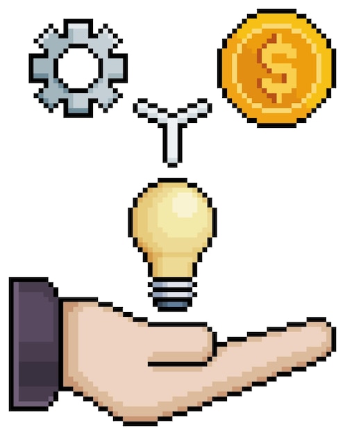 Pixel art hand holding light bulb, coin and gear vector icon for 8bit game on white background