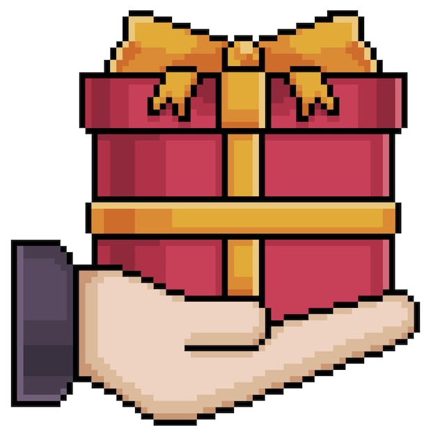 Pixel art hand with gift, red gift vector icon for 8bit game on white background