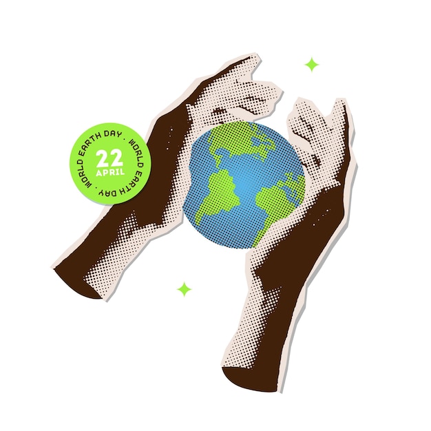 Vector pixel art of hands holding globe april is world earth day hands saving the planet concept torn out